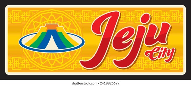 Jeju South Korea largest island, travel sticker and plate, retro tin sign. South Korea capital tourism and Asia vacation journey vector banner, Korean city travel vector plaque tourist destination