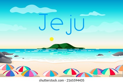 Jeju summer beach poster Vector illustration. Beautiful Jeju landscape