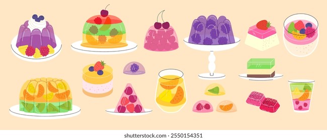 Jellies candy. Different dessert from fruits juicy food and puddings recent vector jelly cakes