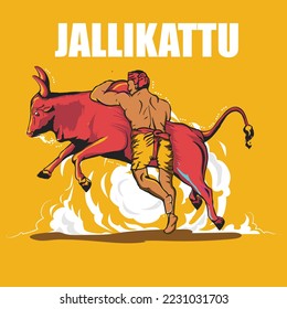 Jellikattu flat colour vector illustration, cattle bull fight on pongal harvest festival, tamil traditional sport