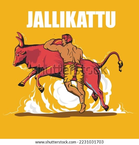 Jellikattu flat colour vector illustration, cattle bull fight on pongal harvest festival, tamil traditional sport