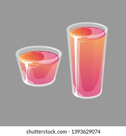 Jello shots in small and tall glass cups. Bright red and orange gradient jelly in glossy cartoon style. Vector illustration isolated on gray background.