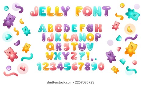 Jelly alphabet with cute сolorful bears, worms, marmalade, letters, signs and numbers. Jelly font in hand-drawn cartoon style. Vector illustration for your design