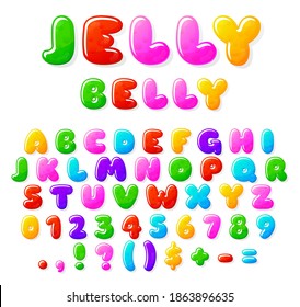 Jelly alphabet. Fruit candy font, typographics cartoon letters and numbers. Sweet bubble marmalade abc, creative kids gum recent vector text