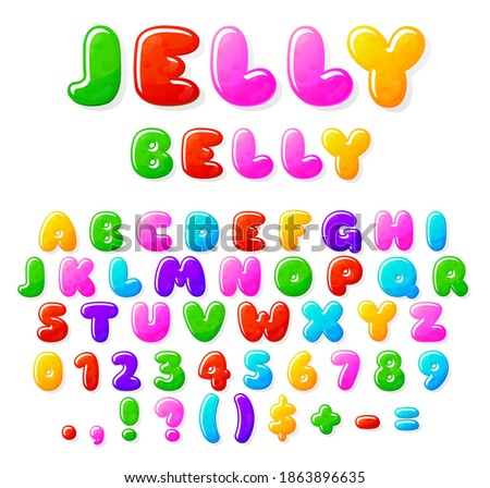 Jelly alphabet. Fruit candy font, typographics cartoon letters and numbers. Sweet bubble marmalade abc, creative kids gum recent vector text