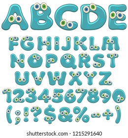 Jelly alphabet, letters, numbers and characters with eyes. Isolated colored vector objects on white background.