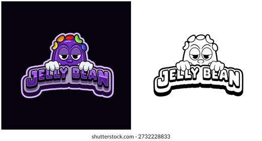 Logotipo de desenho animado Jelly Bean com texto e uma alta expressão. Cor completa e design preto e branco. Design para adesivo, rótulo, tampa, embalagem, camiseta, negócios e produto. Vetores e Ilustrações