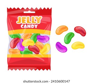 Jelly bean package. Fruity gummies, chewy jelly candy sweets with fruit flavor flat vector illustration. Gummy chewy jelly candies bag