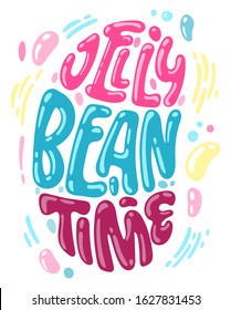 Jelly Bean Time - Hand Drawn Easter Jelly Bean Shape Lettering For Postcard Design. Spring Christian Holiday Card. Vector Illustration Art. Lettering Greeting Print. Carrot Coocke Hape Design.