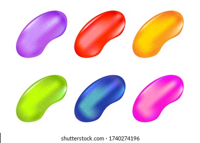 Jelly beans candies isolated on white background. Set, collection of cute colorful jellybeans. Assortment of variety color fruit gelatin jelly beans. Candy packing design. Stock vector illustration