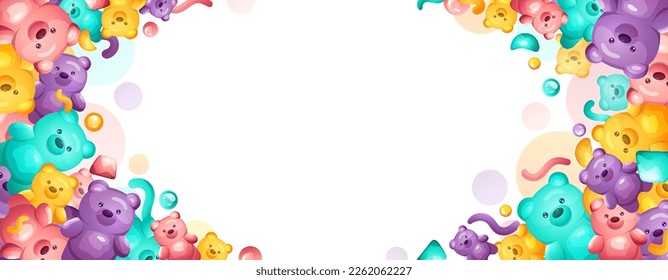 Jelly bear border frame with Colorful marmalade, worms, candies and sweets. Vector template isolated on white background