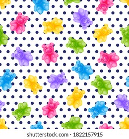 Jelly bear candy and polka dot vector seamless pattern. Sweet colorful kids background. Vector cartoon illustration. Multicolor fabric design, birthday wrapping paper, trendy fashion textile print