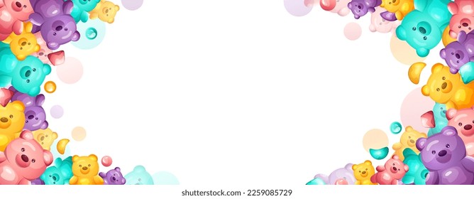 Jelly bear frame. Colorful border with marmalade, worms, candies and sweets. Vector template isolated on white background