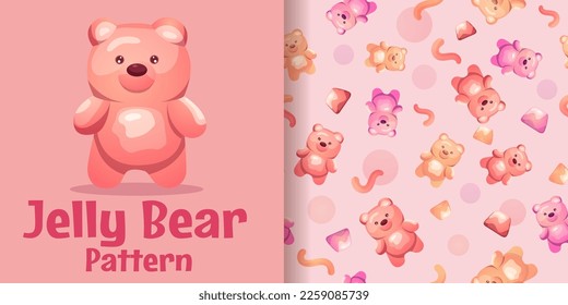 Jelly Bear Seamless Pattern in pink colors for Saint Valentine's day decor.. Wrapping paper with various, worms, candies and sweets. Vector illustration