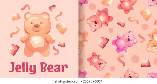 Jelly Bear Seamless Pattern in pink colors for Saint Valentine's day decor or wrapping paper with various Teddy, worms, candies and sweets. Vector illustration