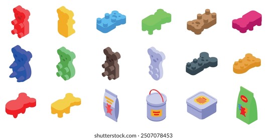 Jelly bears icons set. Delicious assortment of gummy bears is presented in various colors, shapes, and packaging, showcasing the sweet treats