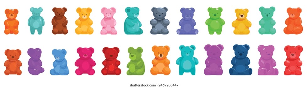 Jelly bears icons set vector. A row of colorful teddy bears are sitting in a line. The bears are of different colors and sizes, and they are all sitting in a row