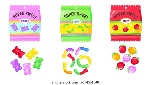 Jelly bears pack. Mix of gummy candies, marmalade colorful sweets for kids, sugar food, neat cartoon abstract vector. Illustration of candy and gummy, jelly food
