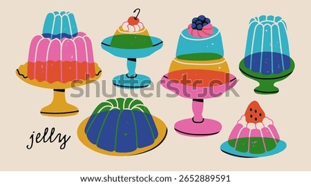 Jelly cake set. Various colorful desserts with fruit on plates. Jellies, candy, juicy food, pudding concept. Vintage trendy style. Hand drawn modern Vector illustration. Isolated design elements