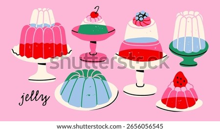 Jelly cake set. Various colorful desserts with fruit on plates. Jellies, candy, juicy food, pudding concept. Unique trendy style. Hand drawn modern Vector illustration. Isolated design elements