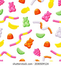 Jelly candies bears, worms, bananas seamless sweet pattern on a white isolated background. Vector cartoon background.