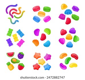 Jelly candies. Cartoon fruity gummy, delicious chewy sweets with various flavors flat vector illustration set. Jelly sweets collection