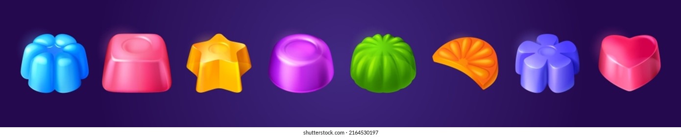 Jelly candies, game icons or ui buttons set. Funny cartoon assets for app design. Isolated colorful glossy sweets, gui graphic elements for user panel settings or menu interface 3d vector illustration