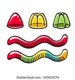 Jelly Candies And Gummy Worms Sweets Vector Illustration. Hand Drawn Doodle Sketch.
