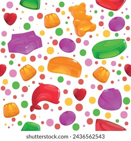 Jelly candies seamless pattern. Fruit gummy sweets. Color marmalade molds. Baby chewing vitamins. Different fruit tastes. Delicious gelatin dessert. Yummy confectionery