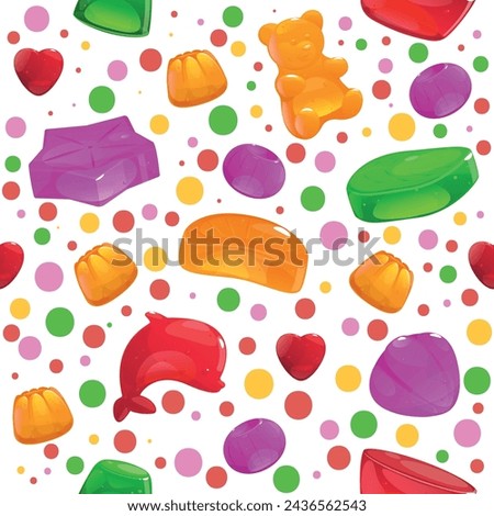 Jelly candies seamless pattern. Fruit gummy sweets. Color marmalade molds. Baby chewing vitamins. Different fruit tastes. Delicious gelatin dessert. Yummy confectionery