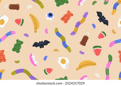 Jelly candies, seamless pattern. Gummy bears, eggs, worms, bats, eyeballs shapes, chewy sweets background. Endless design, repeatable print for wrapping, fabric. Colored flat vector illustration