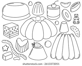 Jelly candy and cakes vector doodle set. Gummy desserts in different shapes set