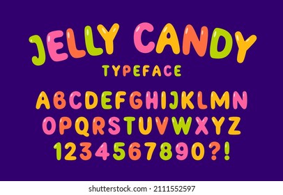 Jelly candy font. Multicolored vector uppercase alphabet and numbers isolated on dark background. RGB. Global colors