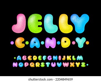 Jelly candy font. Soft glossy multicolored vector uppercase alphabet isolated on black background. RGB. Global colors
