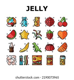jelly candy gummy bear fruit gum icons set vector. sweet dessert, red colorul sugar bean, pink gelatin, cute marmalade slime, food mix jelly candy gummy bear fruit gum color line illustrations