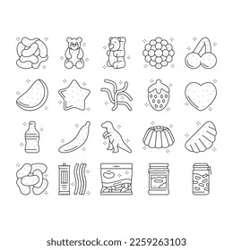 jelly candy gummy bear fruit gum icons set vector. sweet dessert, red colorul sugar bean, pink gelatin, cute marmalade slime, food mix jelly candy gummy bear fruit gum black contour illustrations