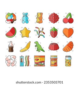 jelly candy gummy bear fruit gum icons set vector. sweet dessert, red colorul sugar bean, pink gelatin, cute marmalade slime, food mix jelly candy gummy bear fruit gum color line illustrations
