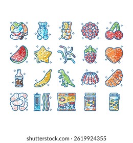jelly candy gummy bear fruit gum doodle icons set vector. sweet dessert, red colorul sugar bean, pink gelatin, cute marmalade slime, food mix jelly candy gummy bear fruit gum sketch hand drawn