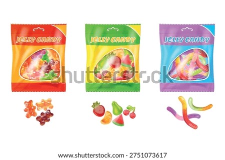 Jelly candy package. Gummy bear realistic pack snack sweet dessert marmalade sugar, fruit gum confectionery vitamin candies gelatin pouch wrapper box, 3d exact vector illustration