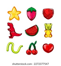 jelly candy set cartoon. star strawberry, raspberry dinosaur, watermelon bear, worm cherry, heart jelly candy vector illustration