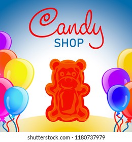 Jelly candy shop concept background. Cartoon illustration of jelly candy shop vector concept background for web design
