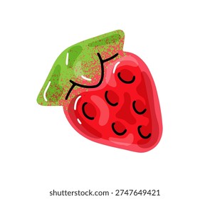Jelly candy with strawberry shape and flavour. Funny gummy berry. Soft gelatin sweet for kids. Fruit marmalade with cute form. Chewing confectionery. Flat isolated vector illustration on white