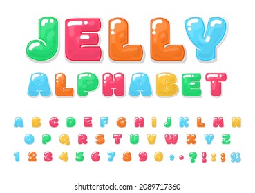 Jelly cartoon alphabet. Color letter 3d, kids tasty numbers. Delicious bubble gum text, fun candy typography elements childish decent vector collection