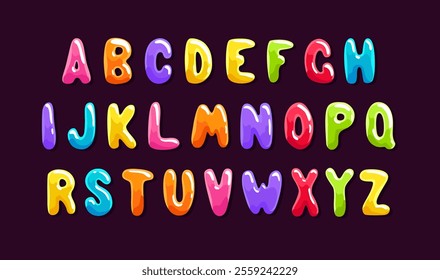 Jelly colorful alphabet. Soft glossy multicolored candy font. Isolated bright delicious sweet letters, lollipop or marmalade ABC. Vector illustration