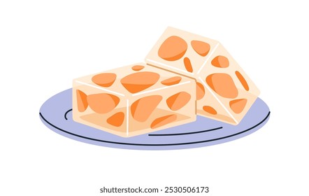 Gelee-Dessert, Gel-Stücke auf Teller. Süßes Gelatine-Konfekt aus Obst. Köstliche kalte Leckerei, frischer Jello-Snack, leckeres Essen. Flache grafische Vektorgrafik einzeln auf weißem Hintergrund