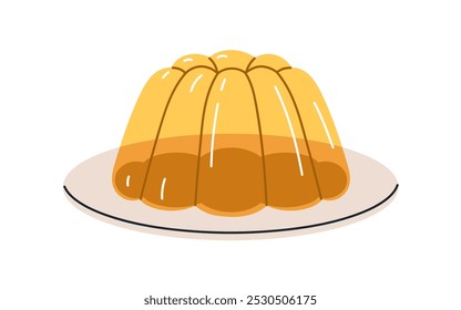 Gelee-Dessert auf Teller. Süß geformte Gelatine behandeln mit Fruchtgeschmack. Glassy transparente kalte Gel Snack. Geformter Gello-Pudding, leckeres Gericht. Flache Vektorgrafik einzeln auf weißem Hintergrund