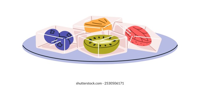 Gelee-Dessertstücke auf Teller. Süße Gelatine mit Fruchtaromen, Erdbeere, Kiwi, Heidelbeere, Ananas. Erfrischendes Gel-Food, Jello-Snack. Flache Vektorgrafik einzeln auf weißem Hintergrund