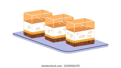 Gelee-Dessertstücke auf Teller. Süßes Gelatine-Creme, Mousse. Köstliches Jello-Essen, gelber Nachtisch. Gebäck, leckere leckere leckere Konditoreien. Flache Vektorgrafik einzeln auf weißem Hintergrund