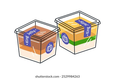 Gelee-Desserts in Becherpackungen. Süßer geschichteter Jello-Snack in Plastikbehälter. Gelatine Snack, Pudding mit Obst, Vanille und Kürbis Geschmack. Flache Vektorgrafik einzeln auf weißem Hintergrund