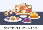 Jelly desserts, jello snacks with different fruit and berry flavors. Sweet gelatin treats, cold gel confectionery, refreshing fruity food, served on table, plates, dishes. Flat vector illustration